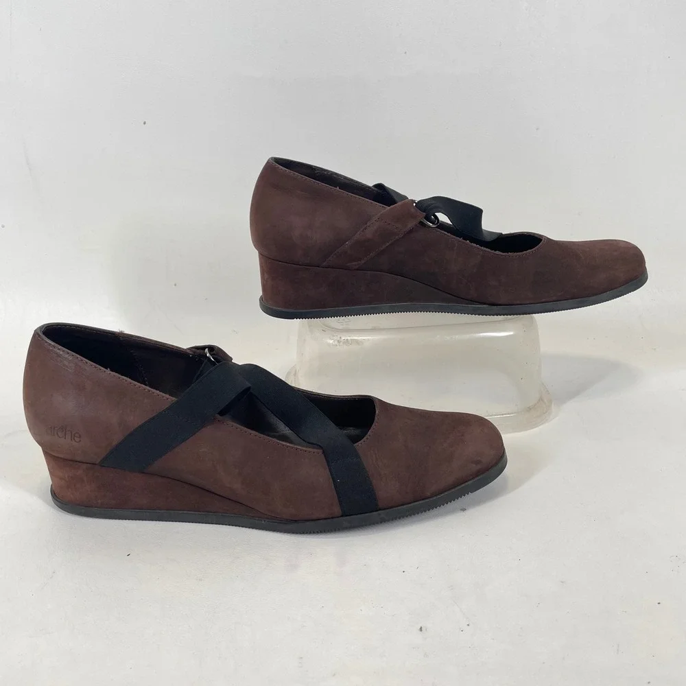 Arche Brown Nubuck Leather Elastic Strap Wedge Shoes France Womens 40 US 9-9.5